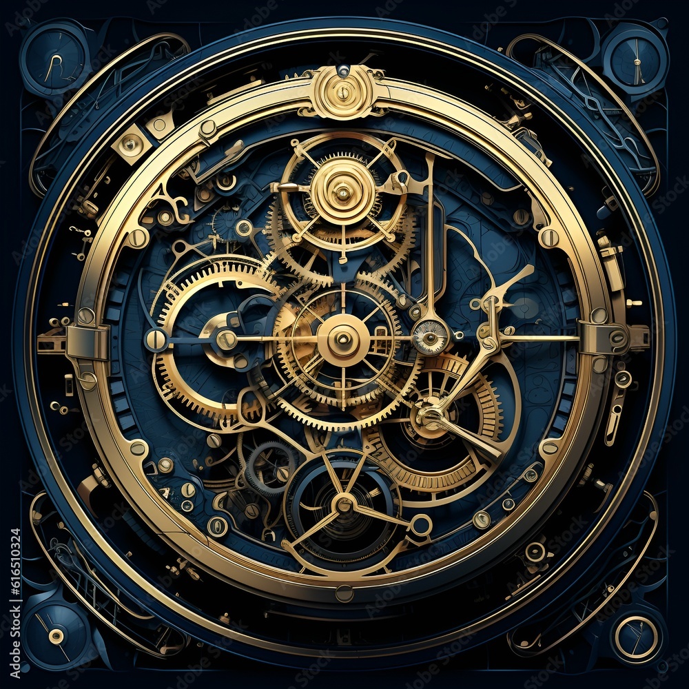 vintage clock on a wooden background - steampunk AI styled - blue print inner workings of a clock - Generative AI