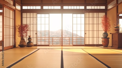 A traditional Japanese empty room interior with tatami mats, Generative AI.