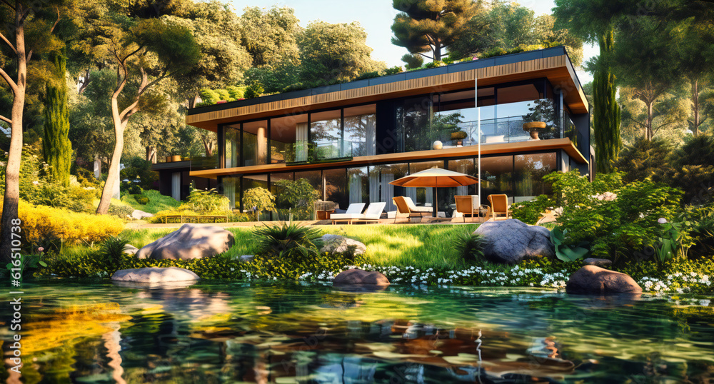the modern house is situated in lush green surroundings