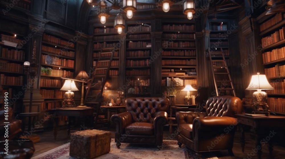 A vintage-style reading room in an old library or house, featuring leather armchairs, Generative AI.