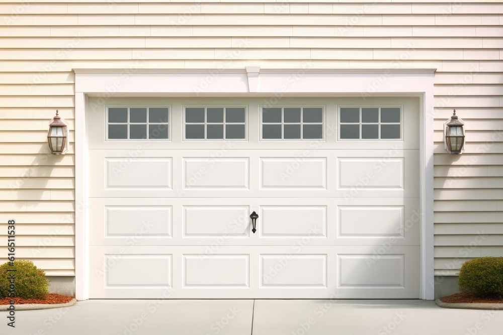 White garage door with a driveway in front. Generative AI
