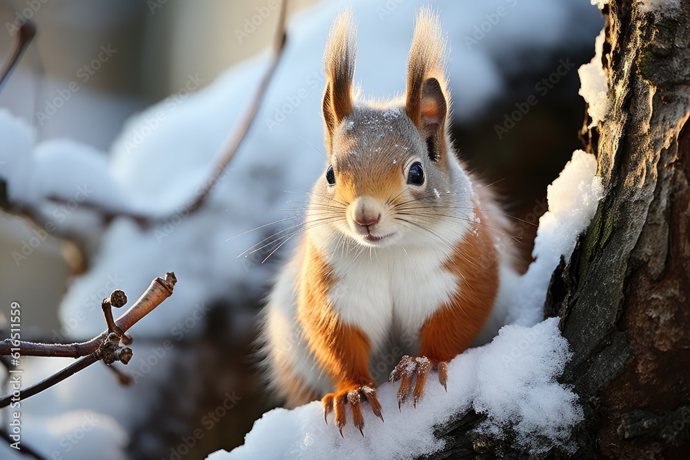 The squirrel sits on tree in the winter. Generative AI The squirrel sits on tree in the winter. Generative AI