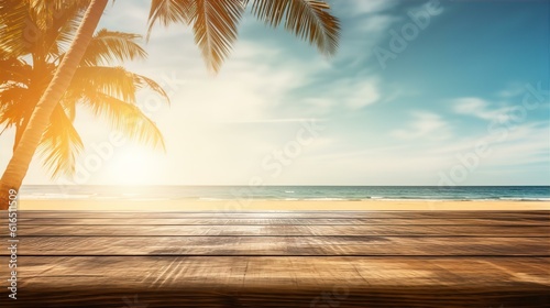 Empty Table with Palm Tree and Sunlight Beach Scene © Universtock