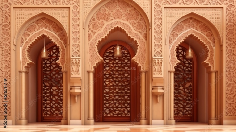 ArabicIslamic style wall design with arch and arabi, Generative AI.
