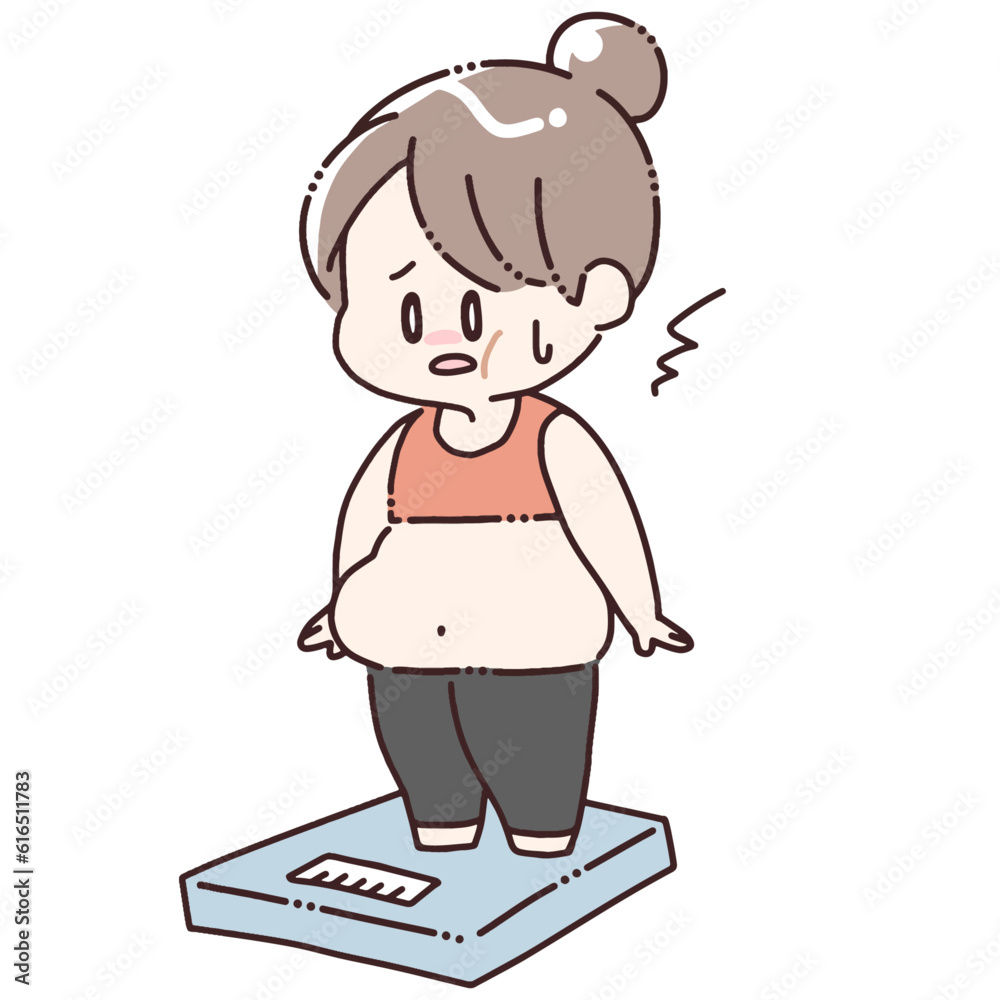 体重計に乗って驚く太った女性