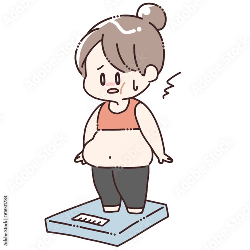 体重計に乗って驚く太った女性