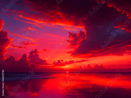 Crimson Horizon  Embracing the Fiery Red Sunset Over the Sea