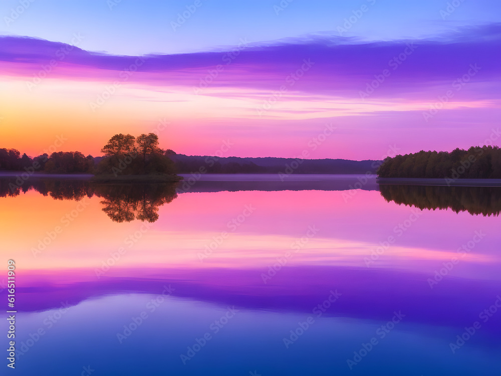 Twilight's Splendor: The Enchanting Purple Sunset Embracing Lake and Forest Twilight's Splendor: The Enchanting Purple Sunset Embracing Lake and Forest