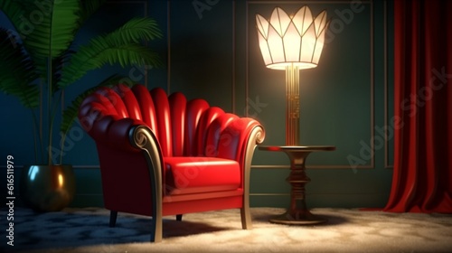 Art deco armchair with red pillow, vase, and floor lamp, Generative AI. © Dhiman