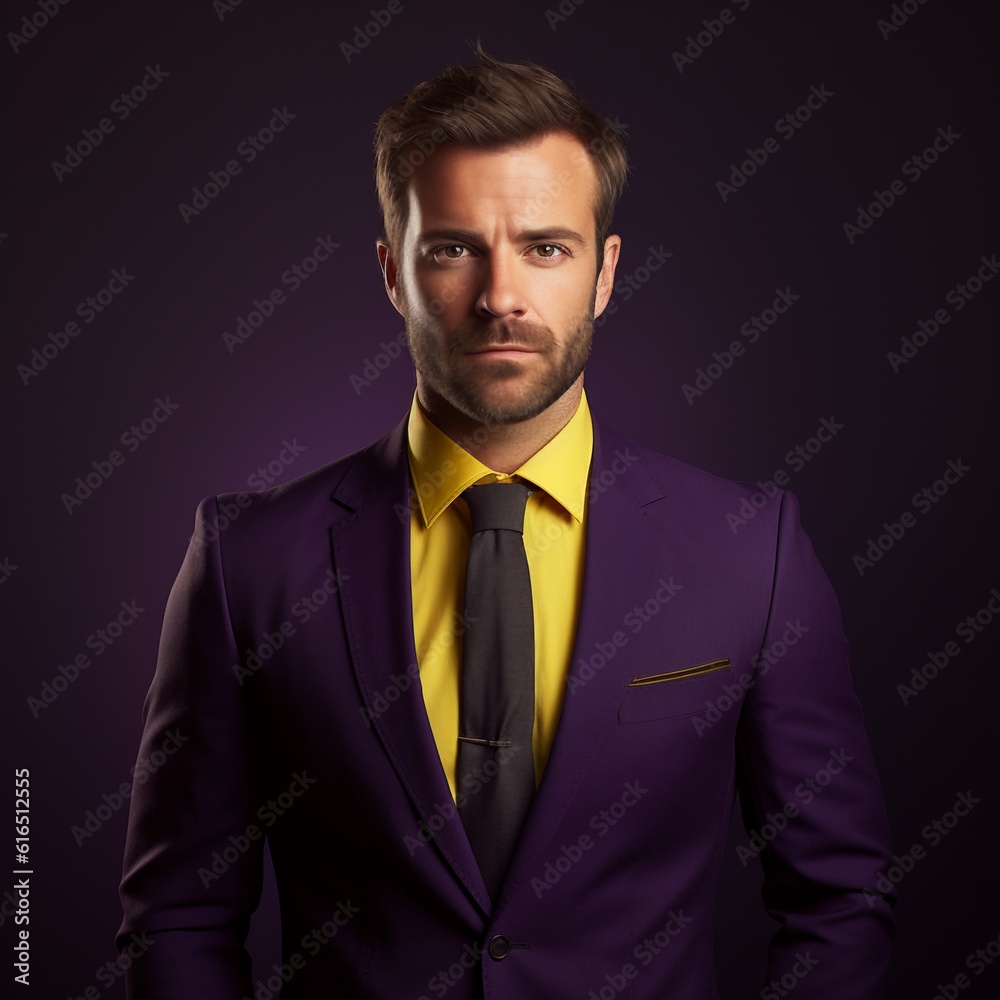 Serious businessman, support. dark purple background, yellow shirt. Generative AI