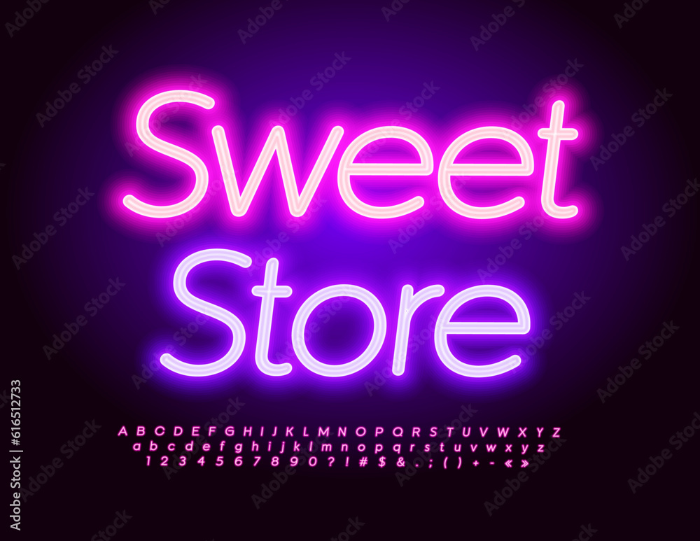 Vector neon Signboard Sweet Store. Modern Glowing Font. Electric Alphabet Letters and Numbers