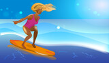 The girl in the surf among the waves. Vector illustration of a sporting holiday