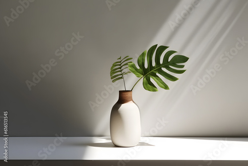 Modern white vase with green plant and wooden plate on stone counter table in sunlight, beige stucco cement wall, interior design decoration. Generative AI