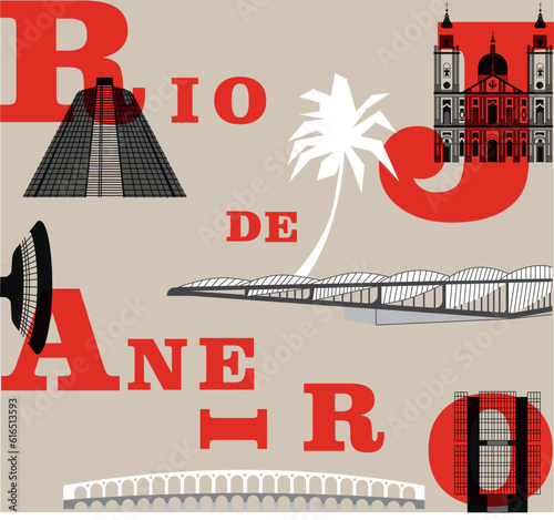 Typography word "Rio De Janeiro" branding technology concept. Collection of flat vector web icons, culture travel set, famous architectures, specialties detailed silhouette. Brazilian famous landmark.