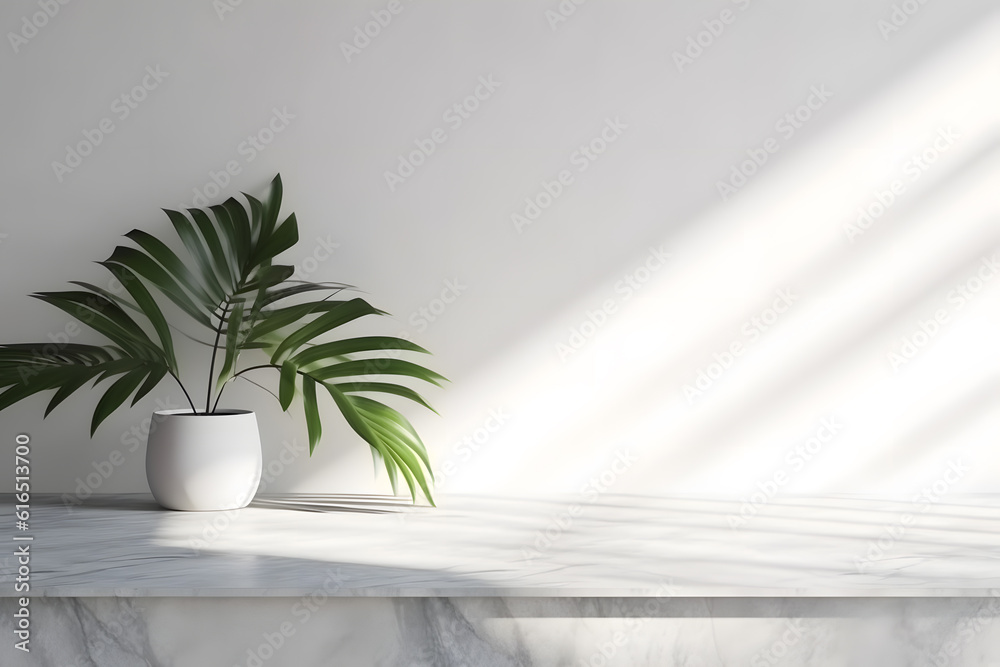 Modern minimal empty white marble stone counter table top, in sunlight, palm foliage leaf shadow on concrete wall background. 3d rendering. Generative AI