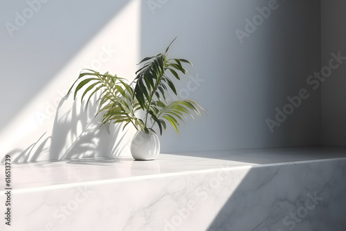 Modern minimal empty white marble stone counter table top  in sunlight  palm foliage leaf shadow on concrete wall background. 3d rendering. Generative AI