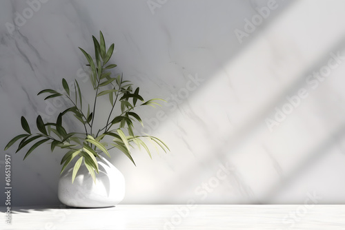 Modern minimal empty white marble stone counter table top, in sunlight, palm foliage leaf shadow on concrete wall background. 3d rendering. Generative AI