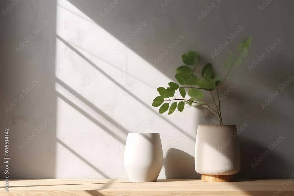 Modern white vase with green plant and a wooden plate on stone counter table with space in sunlight, leaf shadow on beige stucco cement wall for interior design decoration. 3d rendering. Generative AI Modern white vase with green plant and a wooden plate on stone counter table with space in sunlight, leaf shadow on beige stucco cement wall for interior design decoration. 3d rendering. Generative AI
