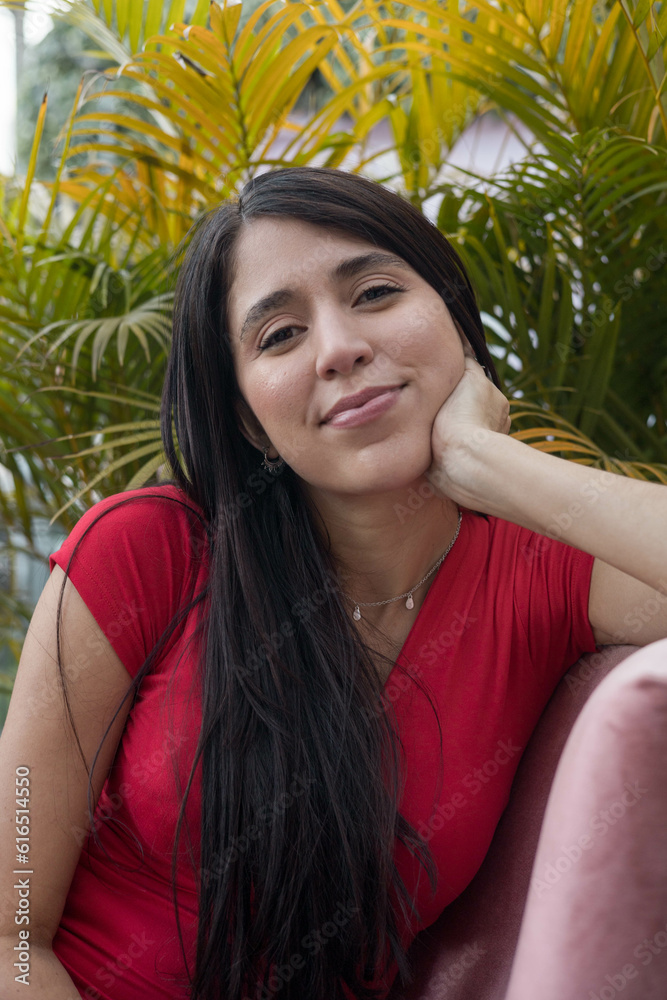 adorable young woman with details of her face smiling has long black hair, female model, person adorable young woman with details of her face smiling has long black hair, female model, person