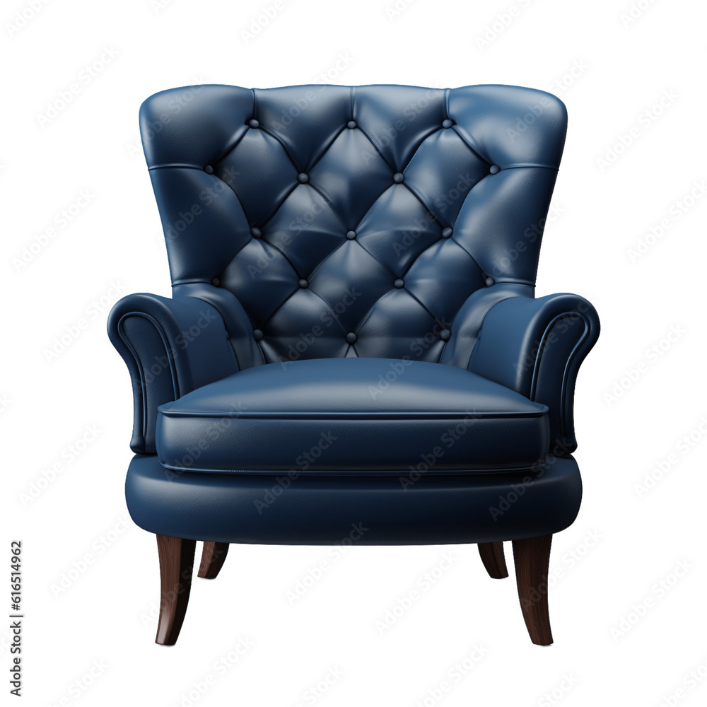 Blue accent chair, armchair isolated on transparent background. 
