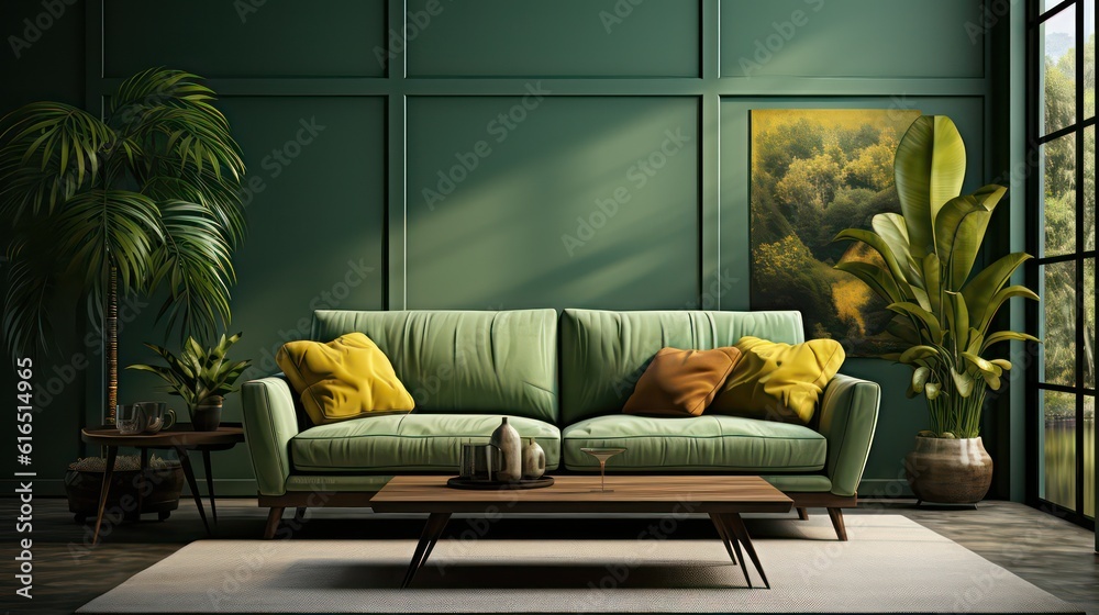 Obraz premium Home interior mockup with sofa, table and decor in modern living room, 3D Render. Created with generative AI.