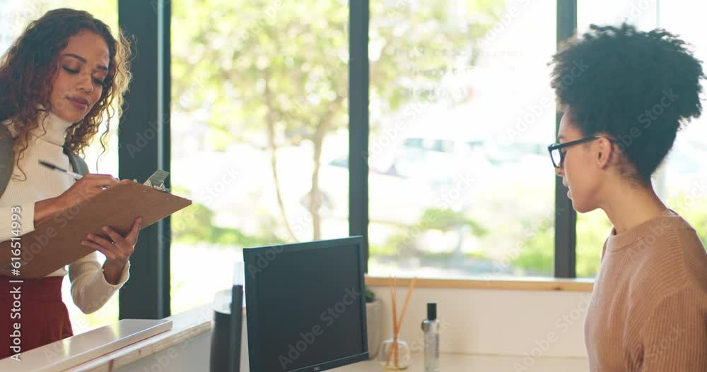 Young woman checks in at coworking space, front desk reception, student library