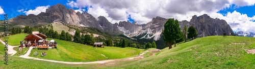 Breathtaking panorama of beautiful Alps mountains Dolomites  Val Gardena ski resort in south Tyrol in northern Italy. Alpine nature scenery