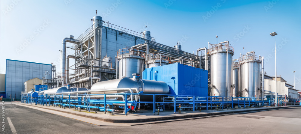 Hydrogen power plant, large steel tanks and pipes, wide angle photo. Clean H2 energy concept as imagined by Generative AI Hydrogen power plant, large steel tanks and pipes, wide angle photo. Clean H2 energy concept as imagined by Generative AI