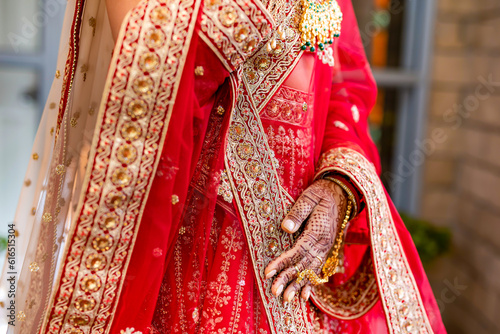 Indian Hindu bride's red wedding outfit textile, fabric, texture, pattern close up