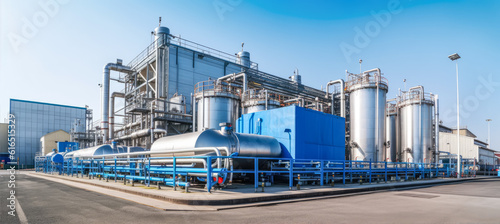 Obraz na płótnie Hydrogen power plant, large steel tanks and pipes, wide angle photo