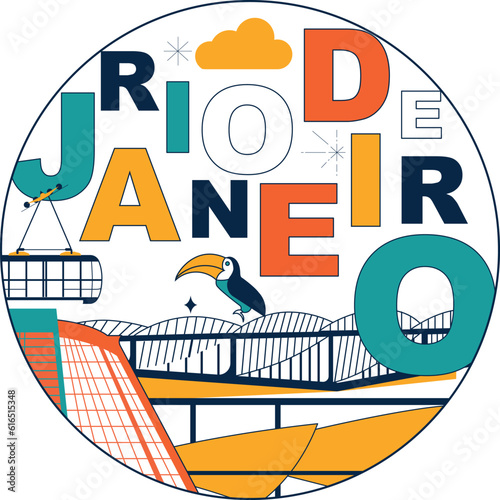Typography word "Rio De Janeiro" branding technology concept. Collection of flat vector web icons, culture travel set, famous architectures, specialties detailed silhouette. Brazilian famous landmark.