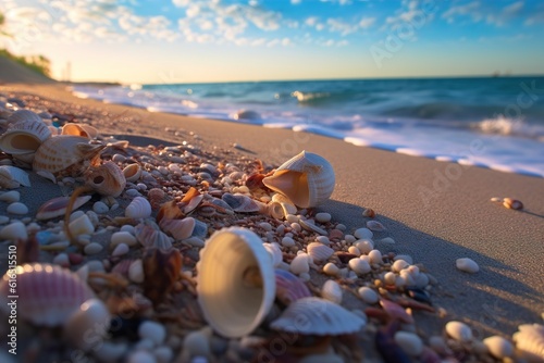 Landscape with shells on tropical beach. Generative AI