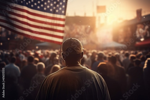 Back view Image of crowd with American flags on fourth of july, Generative ai