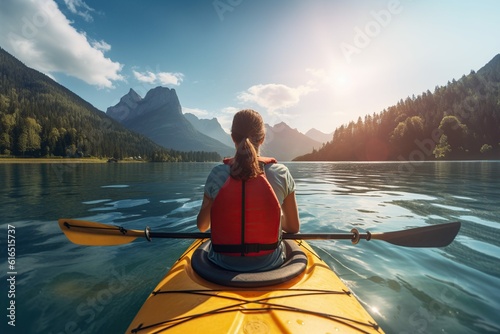 Back view of woman kayaking in crystal lake near alps mountains, Generative ai