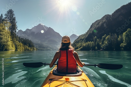 Back view of woman kayaking in crystal lake near alps mountains, Generative ai