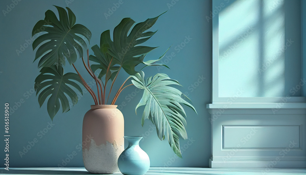 tropical leaves in vase on floor and window on plaster wall. Minimal abstract light green background Ai generated image tropical leaves in vase on floor and window on plaster wall. Minimal abstract light green background Ai generated image