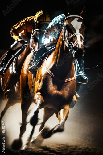 Horse race competition with jockeys wearing a suit and tie grand national newmarket action shott. Horse race vector. generative AI. © andrenascimento