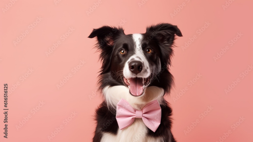 Generative AI. Concept of the holiday and happy birthday dog party. Emotional pet muzzle. Charming smartest black and white border collie wears bow tie. Dog sitting on pink minimalistic background.