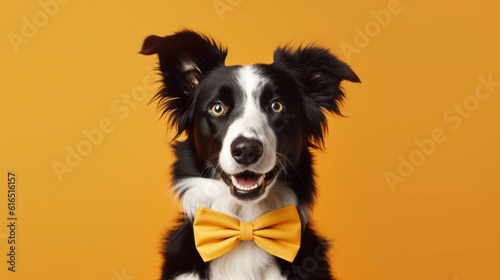 Generative AI. Concept of the holiday and happy birthday dog party. Emotional pet muzzle. Charming smartest black and white border collie wears bow tie. Dog sitting on yellow minimalistic background.