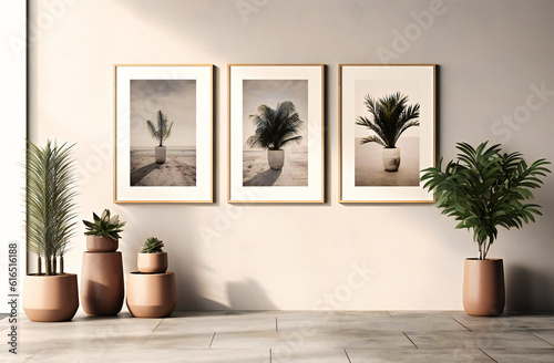 three large photo frames sitting next to a potted plant