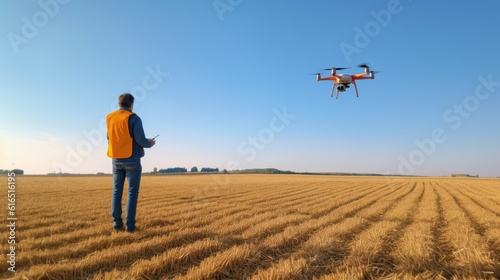silhouette of a person walking in the field, controlling a drone in the field. Drone flying over.