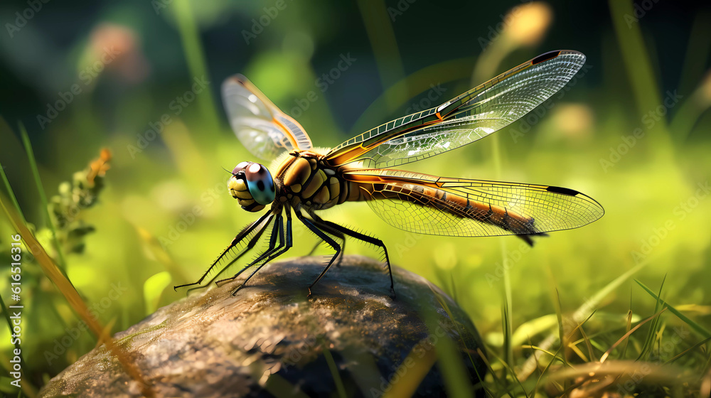 A beautiful dragonfly sits near the water, front view. A beautiful dragonfly sits near the water, front view.
