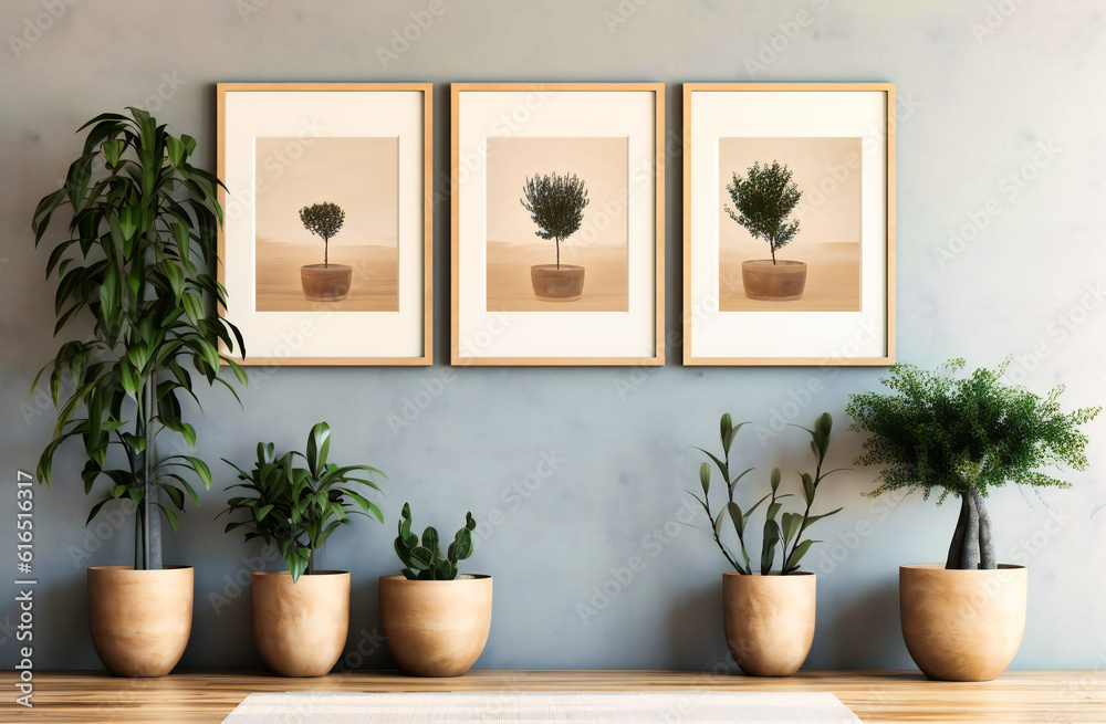 three large photo frames sitting next to a potted plant