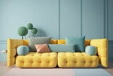 Modern Yellow Sofa In Light Blue Living Room, Minimal Style Concept, Pastel Color Style. generative AI.