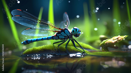 A beautiful dragonfly sits near the water, front view. © ArturSniezhyn