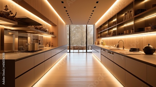 Modern minimalist kitchen , close up shot, beige cabinets floor to ceiling, combined with walnut wood open cabinets with led lights, floating ceiling. Natural light. generative AI. © andrenascimento