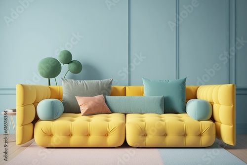 Modern Yellow Sofa In Light Blue Living Room  Minimal Style Concept  Pastel Color Style. generative AI.