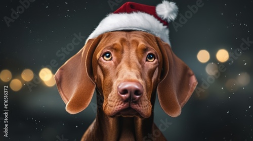 Generative AI Charming dog smooth-haired Hungarian vyzhla wears red Santa hat. Front view. Minimalistic dark background with bokeh from garlands and snowflakes realistic style. Christmas card.