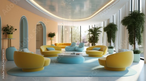 Modern Yellow Sofa In Light Blue Living Room, Minimal Style Concept, Pastel Color Style. generative AI.