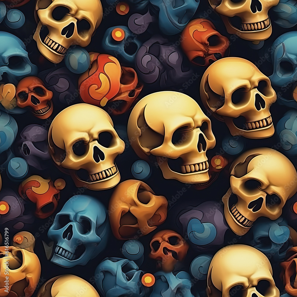 3d Skulls seamless repeat trendy modern colorful pattern